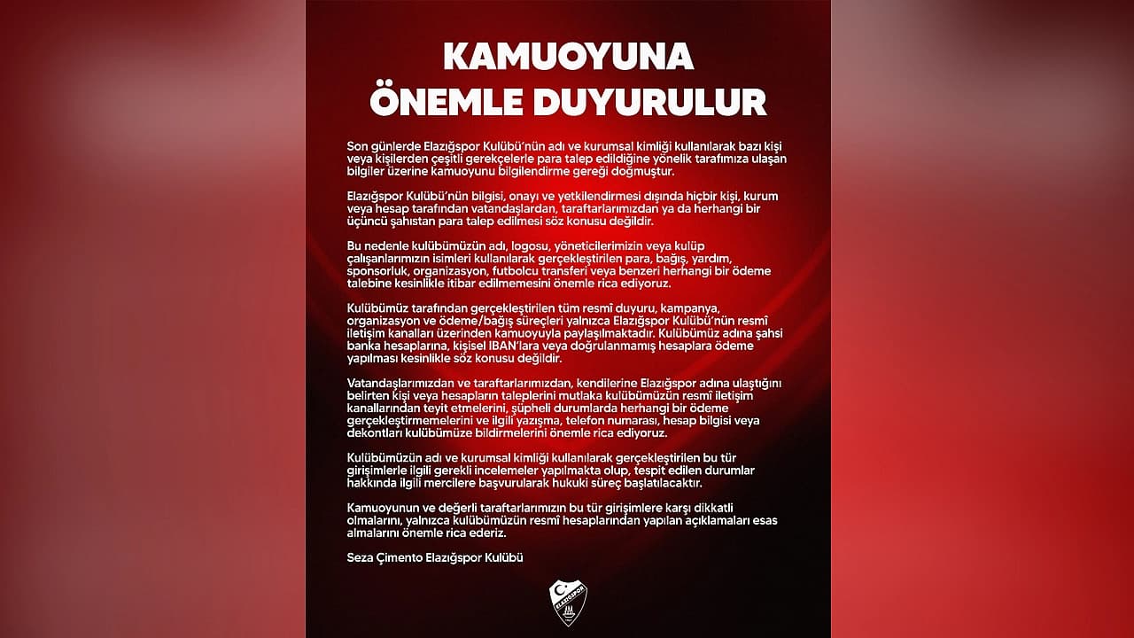 Elazığspor’dan dolandırıcılık uyarısı